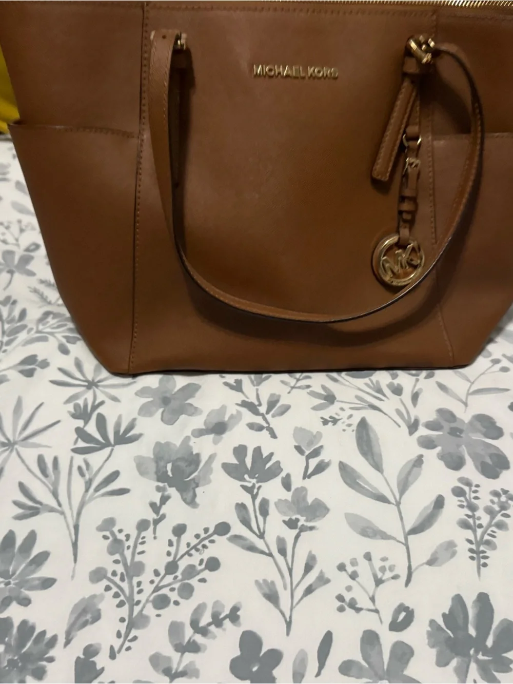 Michael Kors Chestnut Brown Leather Shoulder Tote with Gold Logo Charm